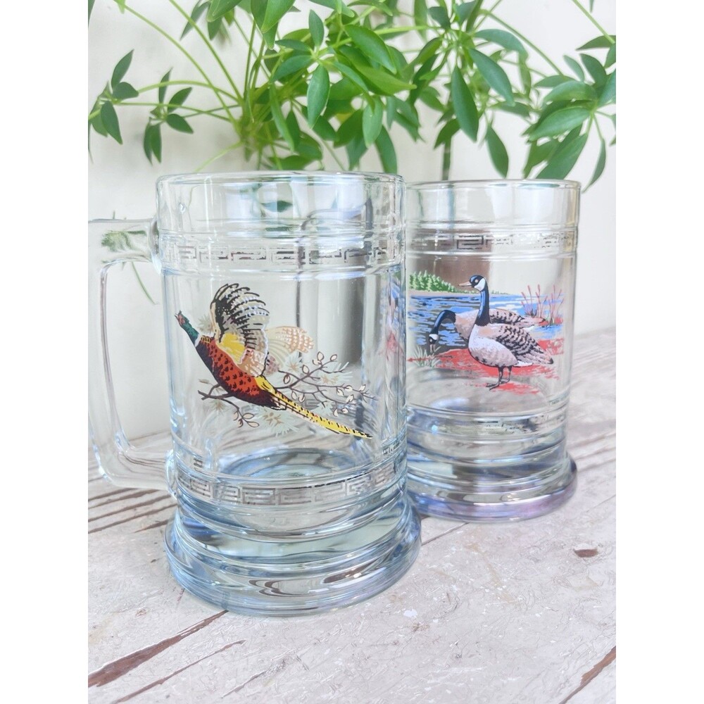 Vintage Princess House Crystal Colonial Beer Mug/Steins Pheasant And Goose Set